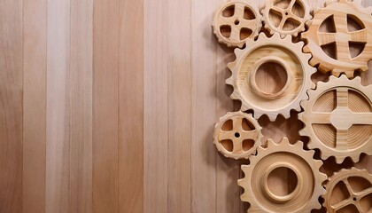 Fototapeta premium Wooden gears, precisely crafted for mechanical device, 3D illustration, woodwork, carpentry, technique.