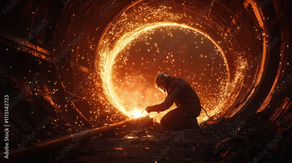 Aufkleber a dramatic scene of a welder silhouetted against a backdrop of glowing sparks, working deep within a