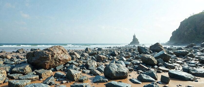 Weathered and worn rocks scattered along a Holderness Coast beach, rocky shoreline, sediment transport, holderness coast