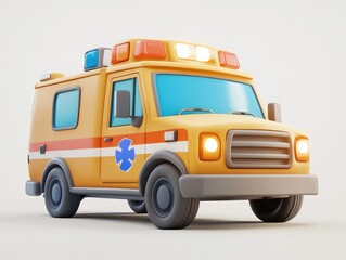 Cartoon Ambulance Drives Fast to Emergency,  Medical Vehicle Illustration, 3D Render.
