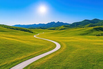 Naklejka premium Scenic Drive through Bordering Grasslands: Serene Landscape with Road Amidst Lush Greenery