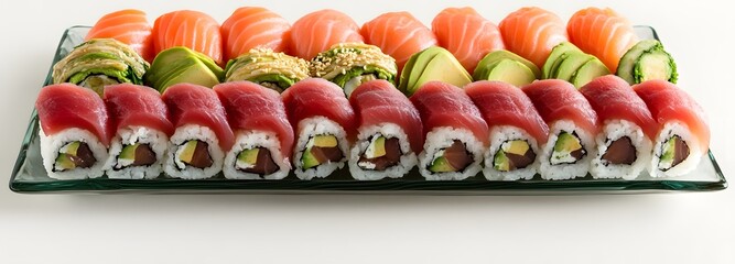A beautiful sushi platter with tuna, salmon, and avocado rolls, set against a clean, light-colored background with space for text