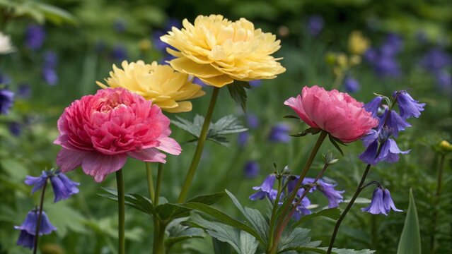 
Three lovely pions with bellflowers in the garden.