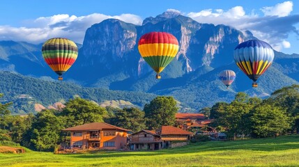 Naklejka premium colorful hot air balloons over serene mountain landscape