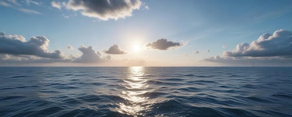 A soft cloudy blue sky softly fades into the distance over a gentle blue expanse of sea, sea, calm, horizon