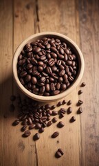 Fototapeta premium A small bowl filled with coffee beans on a vintage wooden table, tablescape, antique
