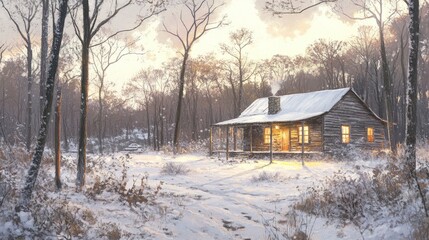 cozy cabin in a winter forest scene