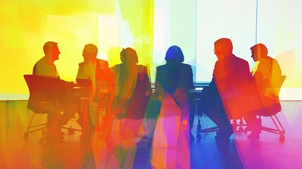 Business team meeting in a modern office, vibrant colors, creative background, silhouettes of people sitting around a table with laptops and documents on it, colorful gradient glass walls,