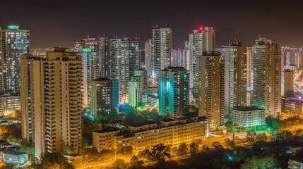 Naklejka premium Nighttime cityscape showcasing illuminated skyscrapers and urban life.