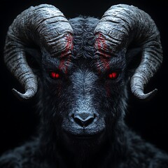 Close-up of a dark, fierce ram with glowing red eyes and blood-like streaks on its horns against a black background.