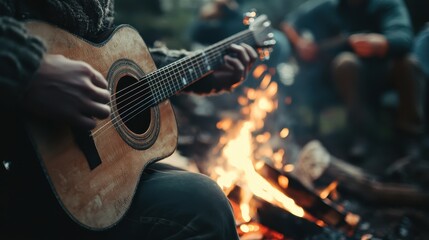 Fototapeta premium Close-up of person playing acoustic guitar by campfire. Perfect for concepts of music, camping, and relaxation.