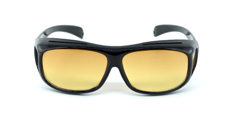 Classic Black Sunglasses With Stylish Yellow Tinted Lenses on White Background