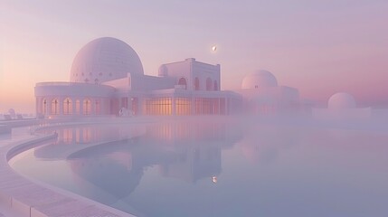 Obraz premium Misty sunrise over a luxurious white resort with a reflecting pool.