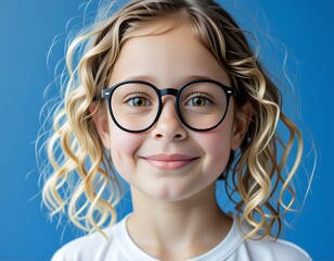 Obraz premium Happy Girl Child with Curly Hair and Glasses Portrait