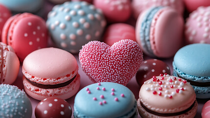 Fototapeta premium A pastel wonderland of heart-shaped candies, macarons, and chocolates, radiating sweetness and playful charm for Valentine’s celebration