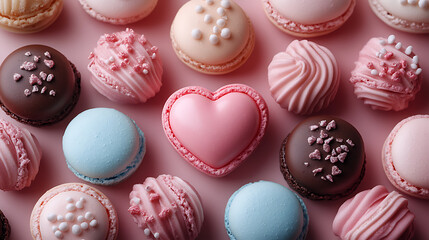 Obraz premium A pastel wonderland of heart-shaped candies, macarons, and chocolates, radiating sweetness and playful charm for Valentine’s celebration