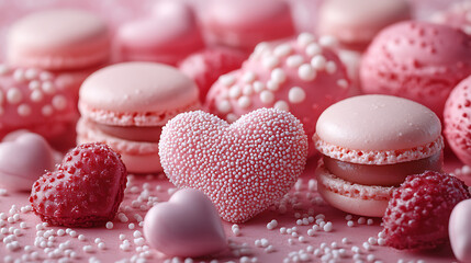 Obraz premium A pastel wonderland of heart-shaped candies, macarons, and chocolates, radiating sweetness and playful charm for Valentine’s celebration