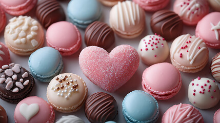 Fototapeta premium A pastel wonderland of heart-shaped candies, macarons, and chocolates, radiating sweetness and playful charm for Valentine’s celebration