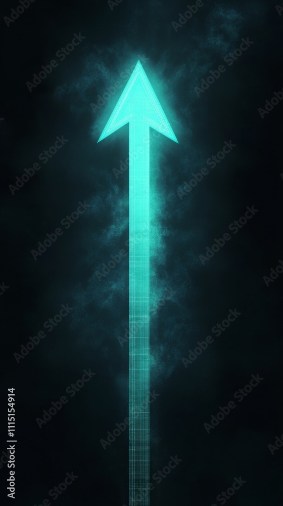 Poster glowing cyan arrow pointing upward in digital mist