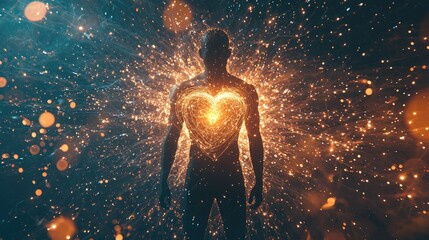 A human figure standing tall, glowing in 4K ultra-high detail. At the center of their chest is a radiant heart shape (not an organ), glowing with bright