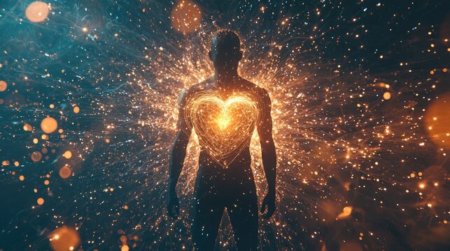 A human figure standing tall, glowing in 4K ultra-high detail. At the center of their chest is a radiant heart shape (not an organ), glowing with bright