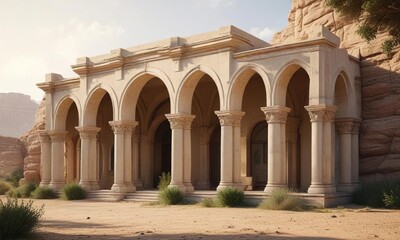 Fototapeta premium Low profile building with arches and columns in beige color blending with natural surroundings , natural surroundings, columns