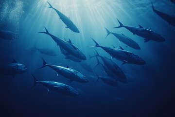 Obraz premium A mesmerizing underwater scene with a vibrant school of fish swimming in the deep blue ocean, showcasing marine biodiversity and the beauty of aquatic life.