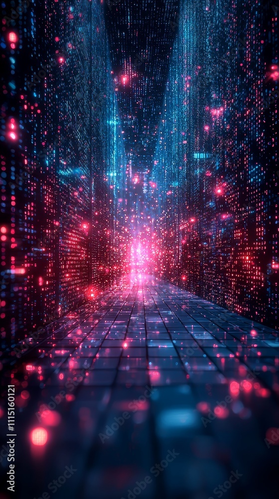 Poster dynamic futuristic composition featuring lines of code in a vibrant digital environment with glowing