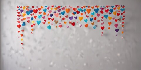 Fototapeta premium A colorful garland made from hearts cut out from paper or foam hanging from a wall or door frame , love, craft
