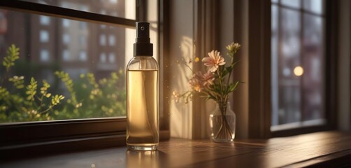 Aromatic spray near a windowpane with soft glow , luminescent mist, peaceful atmosphere, soft illumination