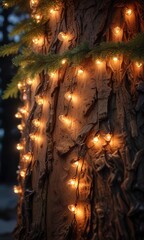 Obraz premium Soft orange glow of fairy lights on a fir tree trunk, soft orange color, subtle glow , ambient light