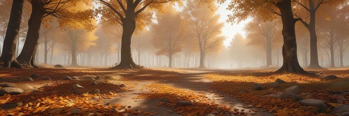 A serene autumn landscape with leaves on the ground and trees in the distance , tree branches, forest floor, outdoor scene