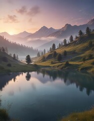 Fototapeta premium Dreamy landscape with rolling hills, misty mountains, and a serene lake at dusk, dreamy landscape, peaceful atmosphere