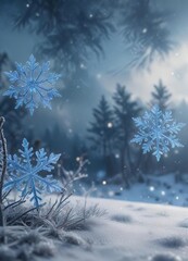 Fototapeta premium Ethereal blue snowflakes floating gently through a winter sky, gentle breeze, blue snowflakes, wintery wonderland