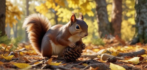 Naklejka premium quick and agile squirrel darts through the fall foliage with a large pine cone clutched tightly in its paws, leafy canopy, tree branches