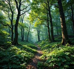 Fototapeta premium A forest glade with a carpet of green leaves and ferns under a canopy of trees, ferns, tree canopy