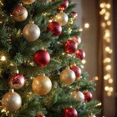 Sparkling ornaments on a Christmas tree decorated with lights and garlands, magical forest scene, winter decoration, evergreen tree