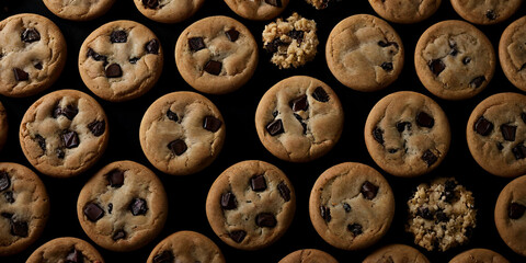 Reihe von frisch gebackenen Schokokeksen mit weichen, schmelzenden Schokoladenst&uuml;cken