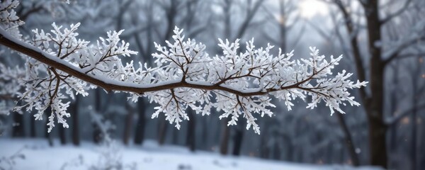 Obraz premium Freshly fallen snowflakes on a bare tree branch, fresh snowfall, serene forest scene