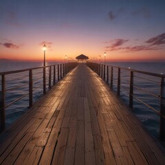 Obraz premium Dawn illumination on a long pier above the sea, beach, seafront
