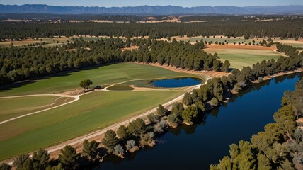 cultivated fields.  A tranquil scene, featuring a body of water with lush greenery and mountains in the distance.  .