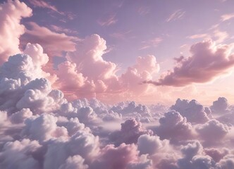 Soft pink sky with fluffy white clouds drifting lazily across the horizon, cloud formations, soft focus