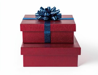 Obraz premium two neatly stacked red gift boxes with sparkling blue ribbons on top, standing out against a crisp white background, evoking a joyful holiday spirit.