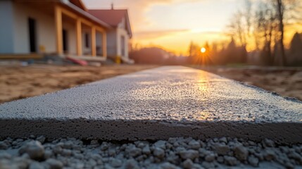 Obraz premium Fresh concrete foundation at sunset. Ideal for construction, real estate, and home building projects.