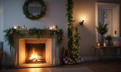 A delicate fir branch adorned with ornaments and fairy lights nestled among greenery near a cozy fireplace , greenery, fairy lights, winter wonderland