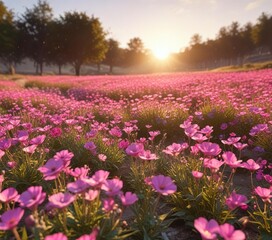 Obraz premium A field of bright pink flowers swaying gently in the breeze, bathed in a warm, golden light, sunny landscape, soft focus, lush greenery