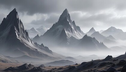 Fototapeta premium Rolling gray and misty landscape with an abstract futuristic mountain range in the background , atmosphere, gray
