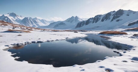 Obraz premium Snowy landscape with rolling hills and frozen ponds, winter, frozen ponds