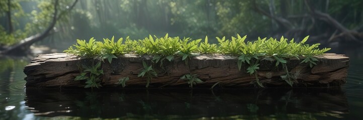 Obraz premium Alligator weed's rapid growth on a submerged log, log, leaf, invasive species
