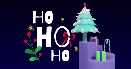 Image of christmas greetings text and christmas tree decorations on purple background